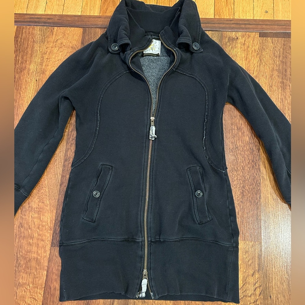 Y2K Free People Long Black Grungy Sweatshirt Women’s Medium Zip-Up Buttons
